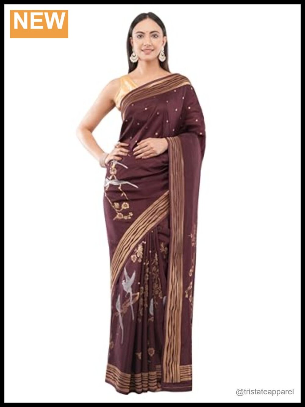 Women's Silk Saree with Bird Motif & Gold Floral Design - Elegant Traditional